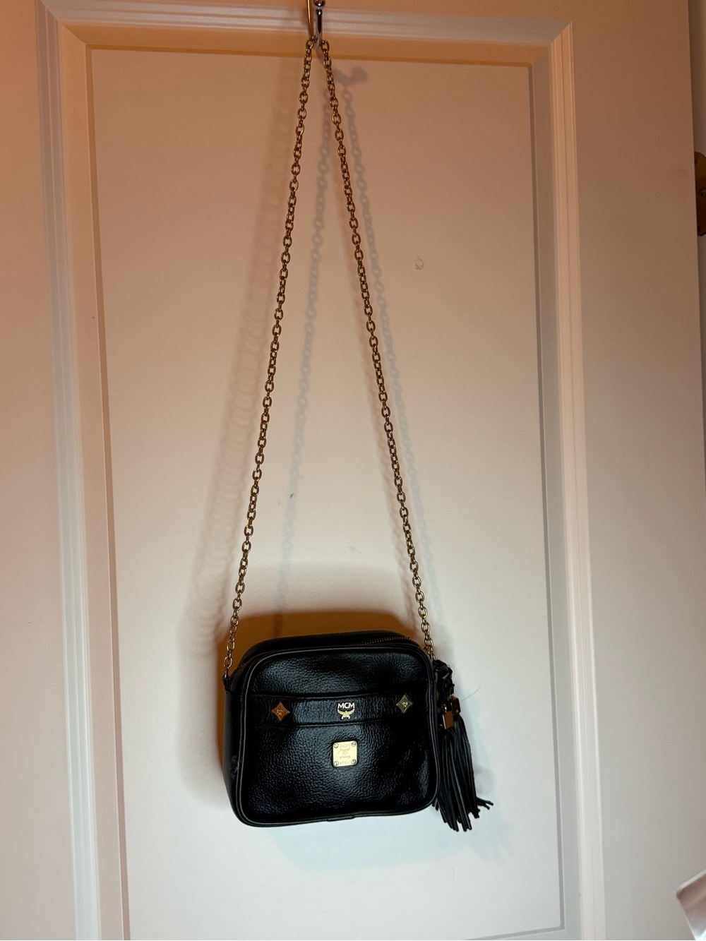 MCM Black Leather Crossbody with Gold Chain and Tassel